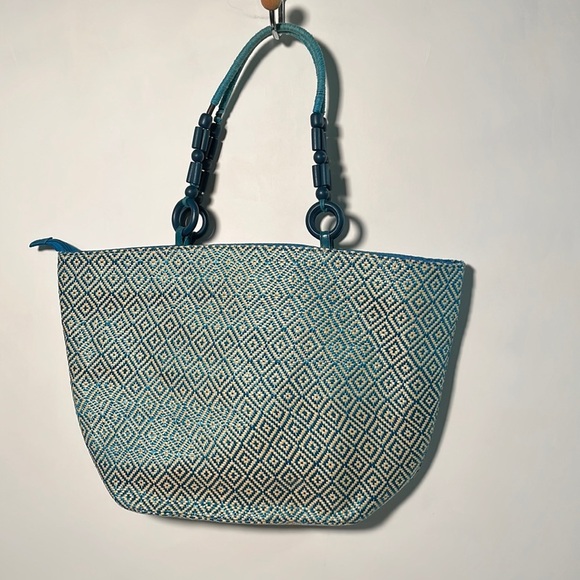 BIG BUDA Turquoise & Tan Geometric Beaded Handle Zip Large Beach/Vacation Tote - Picture 2 of 8